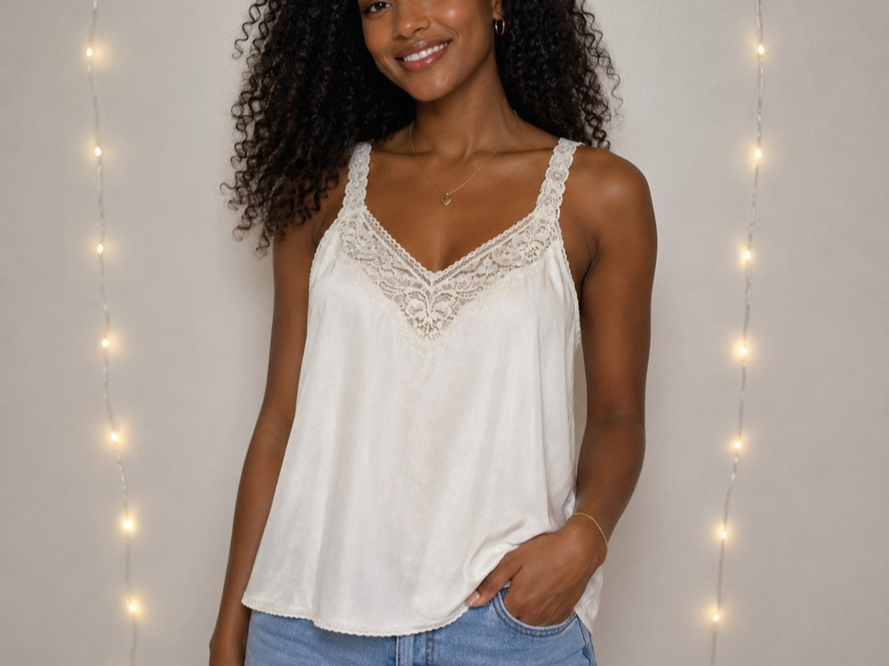 Vintage Y2K 90s Vanity Fair Cream Satin Lace Trim Camisole Tank Top Medium